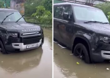 Land Rover Defender of Aditya Pratap Singh Stuck in Rain Water