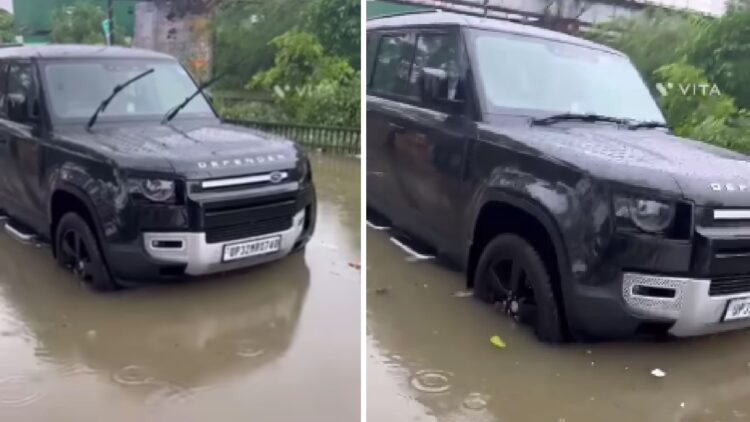 Land Rover Defender of Aditya Pratap Singh Stuck in Rain Water