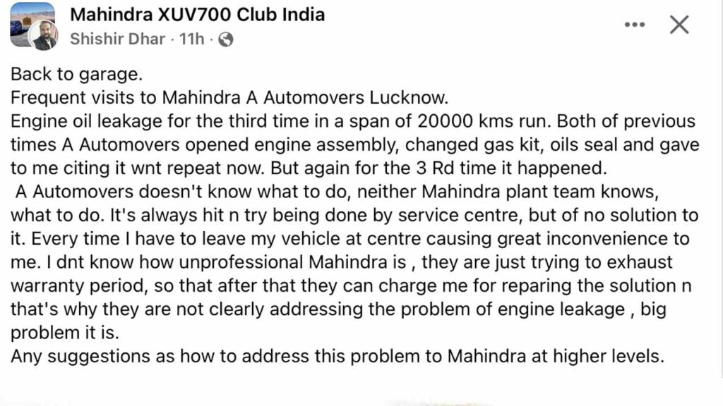 mahindra xuv700 oil leaks 3 times 20000 km
