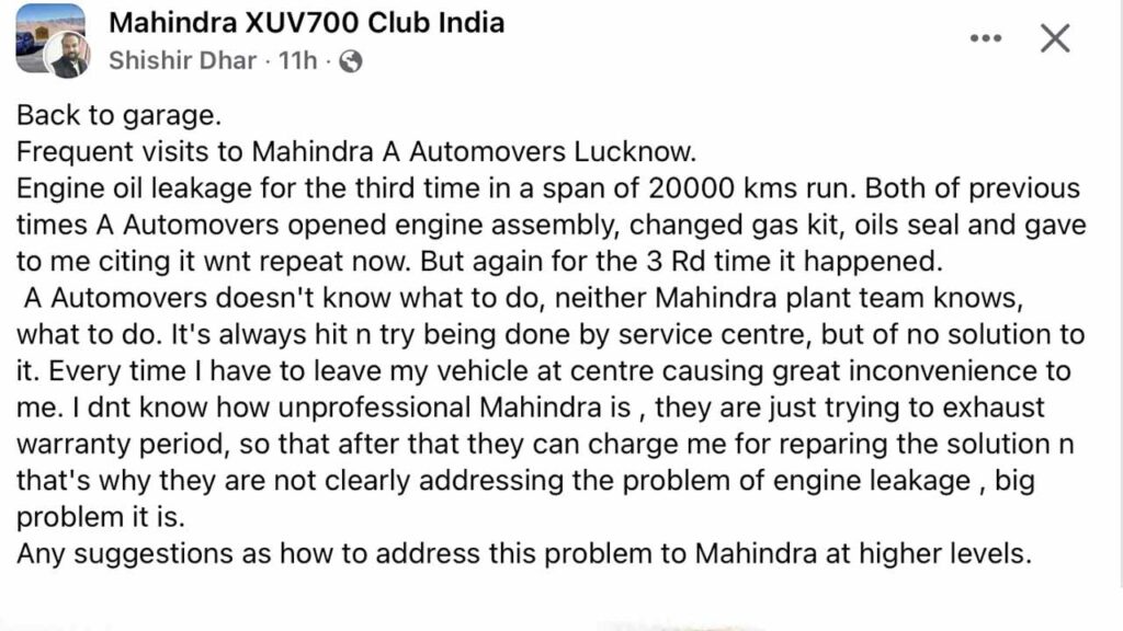 Mahindra Xuv700 Oil Leaks 3 Times 20000 Km