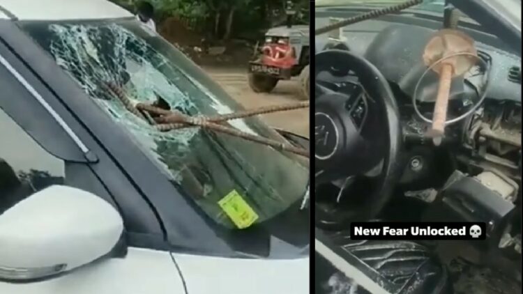 Iron Rod Pierces Maruti Swift Windshield