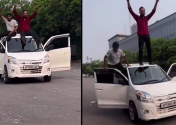 Men Stand on Maruti Alto 800 Roof