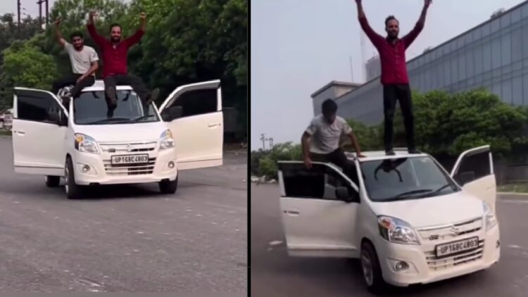 Men Stand on Maruti Alto 800 Roof