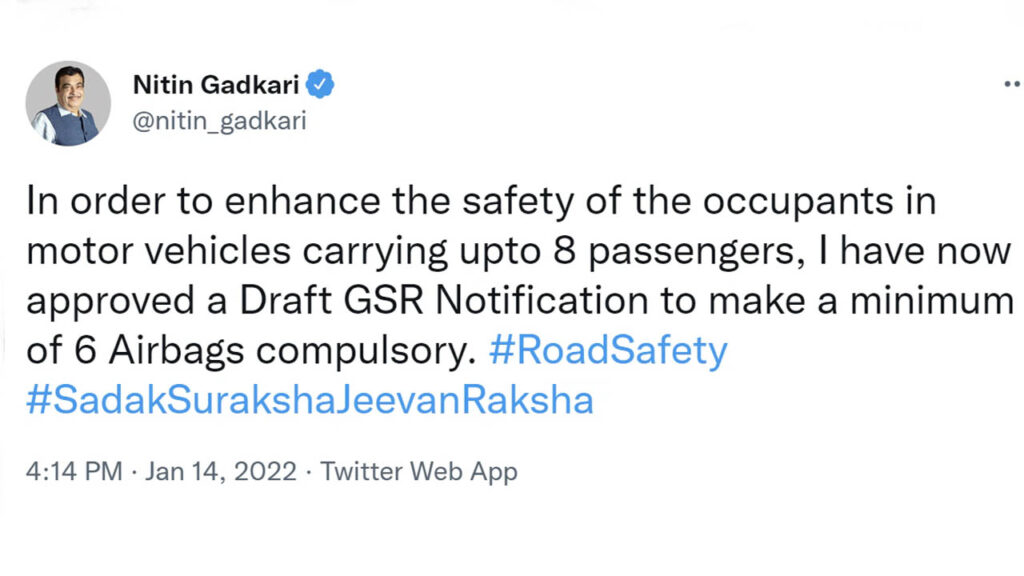 Nitin Gadkari 6 airbags Mandatory Tweet