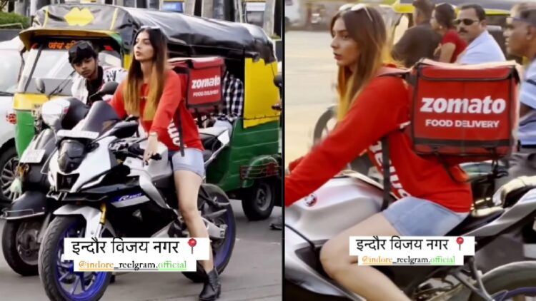Girl on Yamaha R15M Zomato Delivery