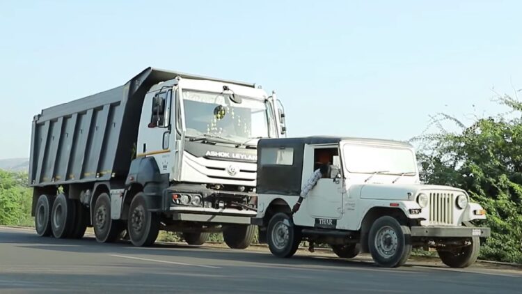 Mahindra Thar Pulls Dumper Truck