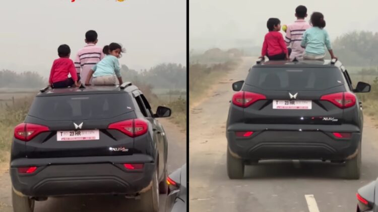3 Children Standing out of Sunroof of Mahindra Xuv300
