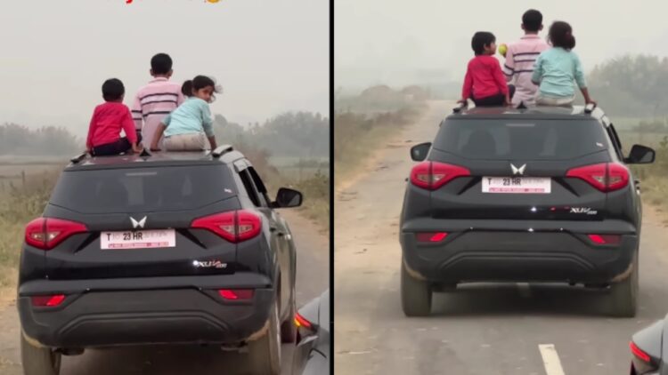 3 Children Standing out of Sunroof of Mahindra XUV300