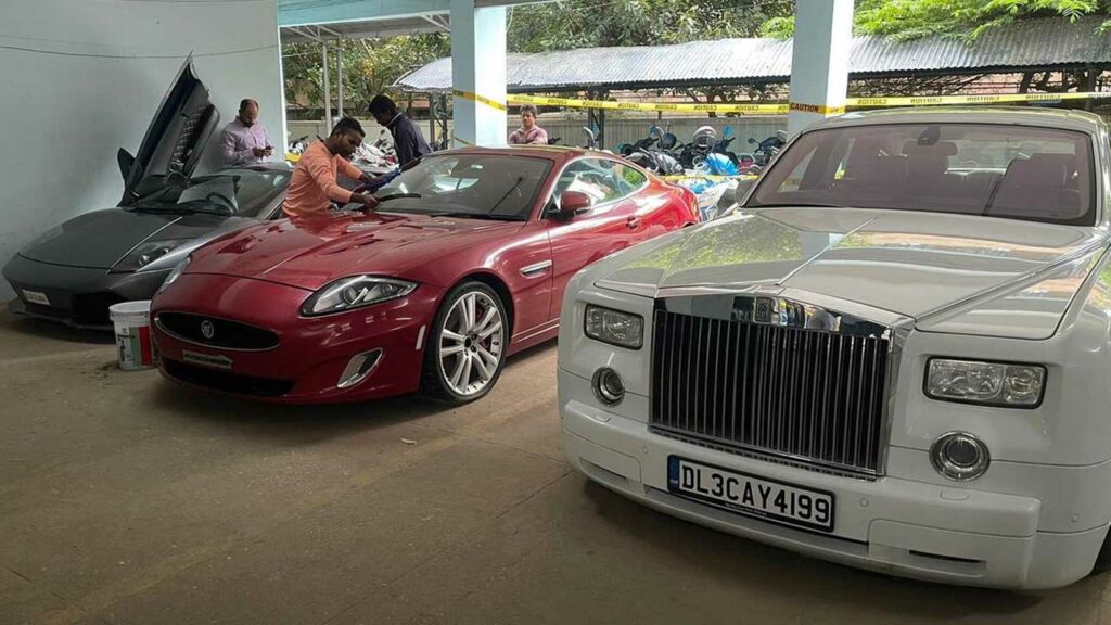 conman sukesh chandrasekhar lamborghini murcielago jaguar xf-r rolls royce phantom auction