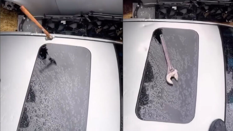 Man Throws Objects on Sunroof of Car