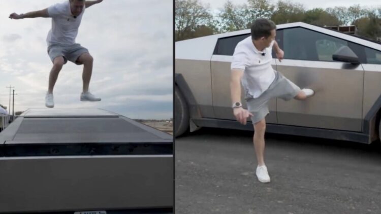 Tesla cybertruck review kicking jumping