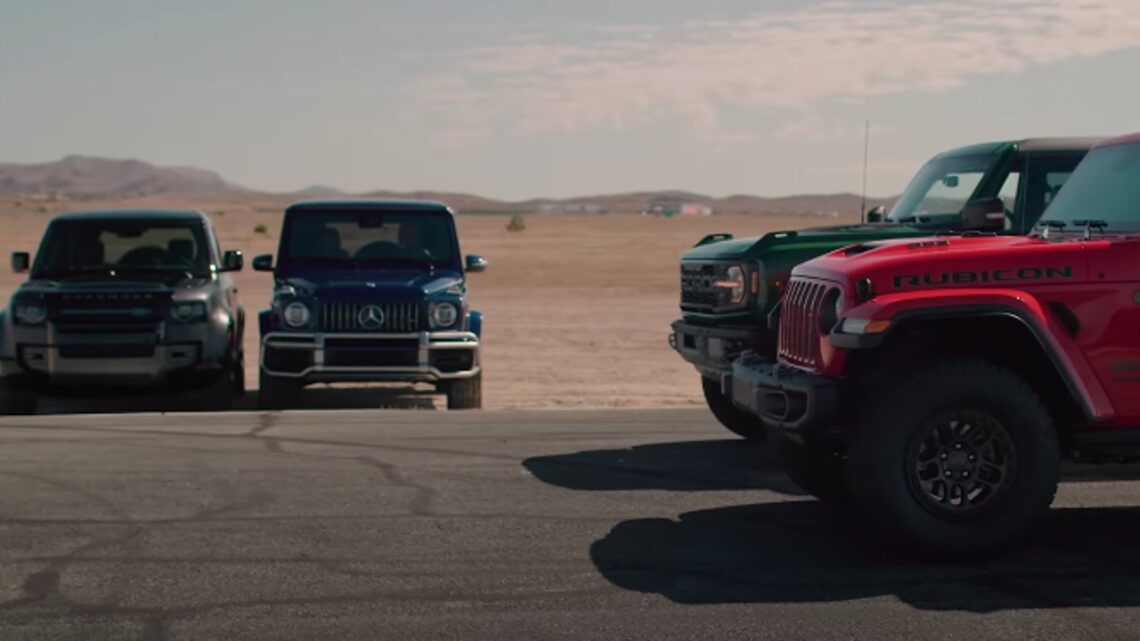Ford Bronco Vs Mercedes G wagon Vs Land Rover Defender Vs Jeep Wrangler Vs Lamborghini Gallardo Drag Race
