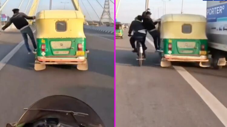 Man Hanging out of Auto Rickshaw Hits Cyclist