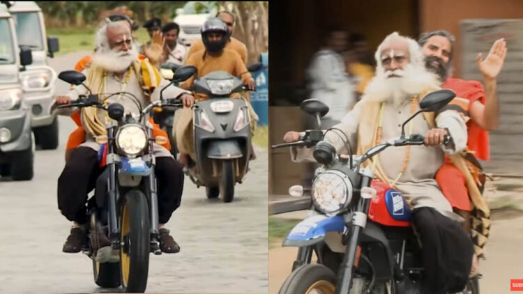 Sadguru Ramdev Riding Ducati Scrambler Desert Sled Isha Foundation