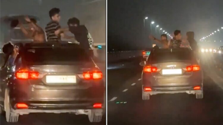 Youngsters Hang out of Sunroof and Windows of Honda City