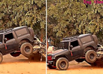 Mahindra Thar Climbing Over Another Car