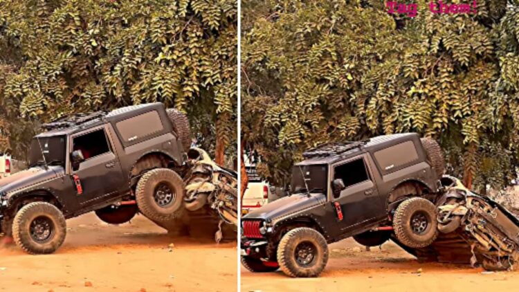 Mahindra Thar Climbing over Another Car