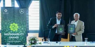 Launch of Sustainability Garage, (L-R) Manu Saale, Managing Director and CEO of Mercedes-Benz Research and Development India and Dr. H S Nagaraja, Chief Mentor of Prayoga Institute of Education Research