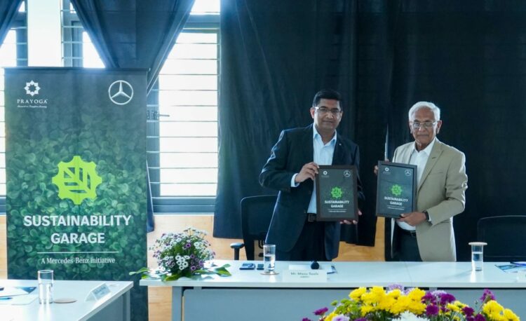Launch of Sustainability Garage l r Manu Saale Managing Director and Ceo of Mercedes benz Research and Development India and Dr H S Nagaraja Chief Mentor of Prayoga Institute of Education Research