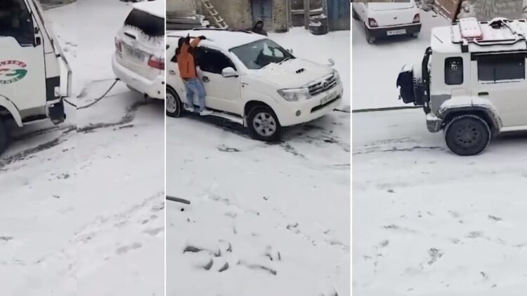 Maruti Jimny Tows Toyota Fortuner and Truck in Snow