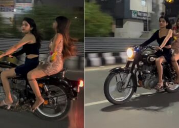 Girls Riding RE Bullet Without Helmet and Riding Gear
