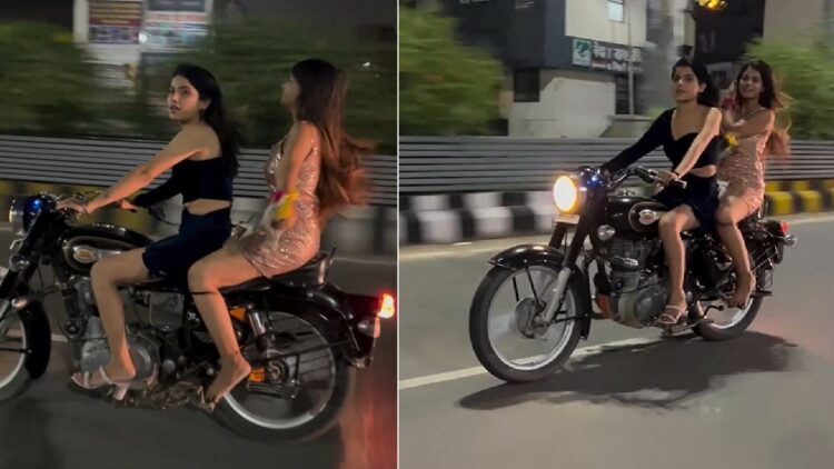 Girls Riding RE Bullet Without Helmet and Riding Gear