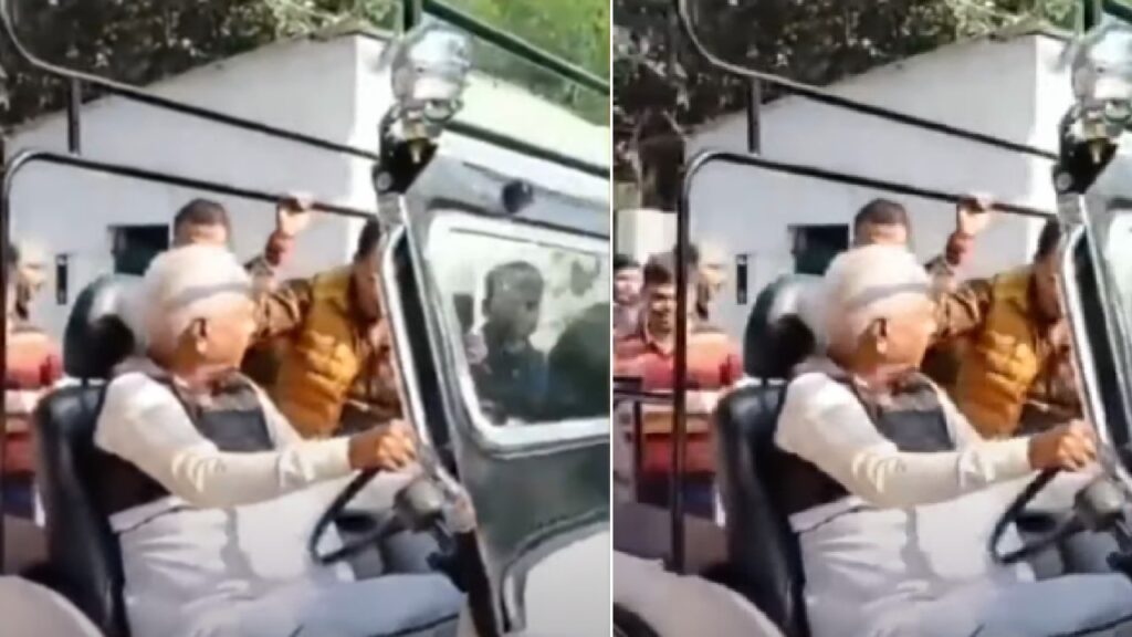 Lalu Prasad Yadav in his Mahindra Jeep