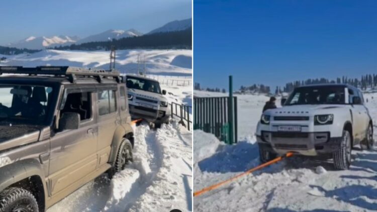 Maruti Jimny Rescues Land Rover Defender in Snow