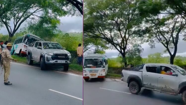 Toyota Hilux Tows Bus out of Ditch