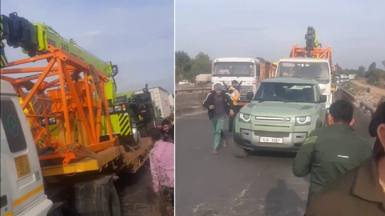 Land Rover Defender Towing Trailer Carrying Crane