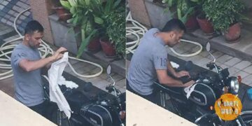 MS Dhoni Seen Wiping Yamaha RD350