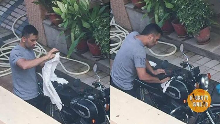 MS Dhoni Seen Wiping Yamaha RD350