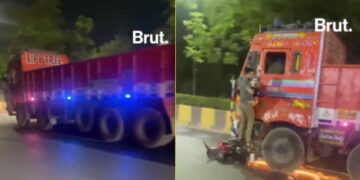 Truck Drags Motorcycles Under Its Wheels