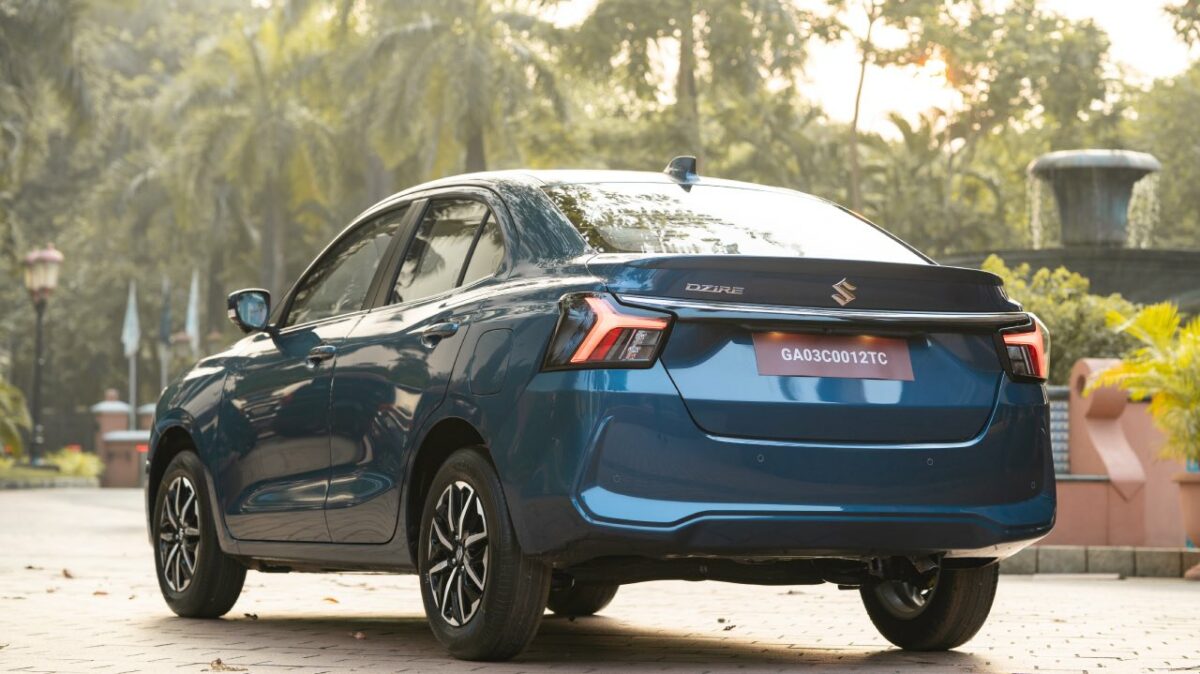 New Maruti Dzire Test Drive Review - Blue - Rear Three Quarters