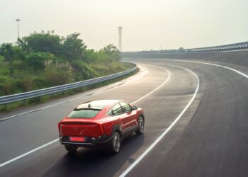 Mahindra XEV 9e Rear Three Quarters Action Shot