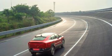 Mahindra XEV 9e Rear Three Quarters Action Shot