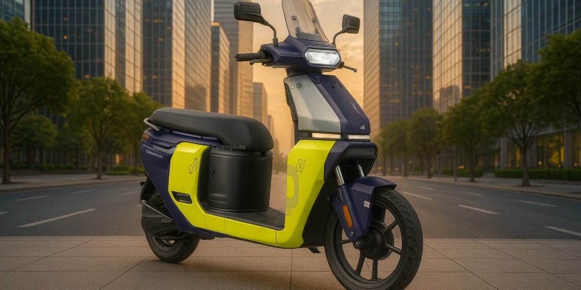 TVS Orbiter Front Three Quarters Image with Background CarBlogIndia