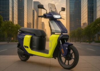 TVS Orbiter Front Three Quarters Image with Background CarBlogIndia