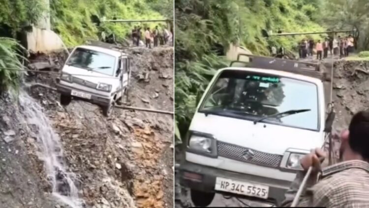 Maruti Omni Flies Over Broken Road Amidst Flash Floods in Himachal