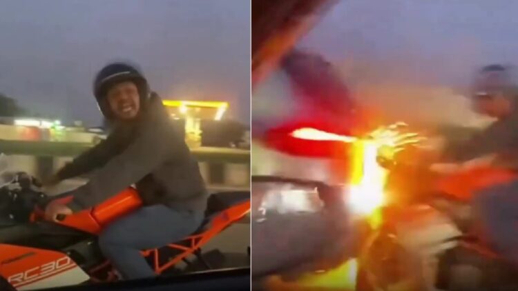 Road Rage Backfires as Furious KTM Rider Ends up Hitting a Car