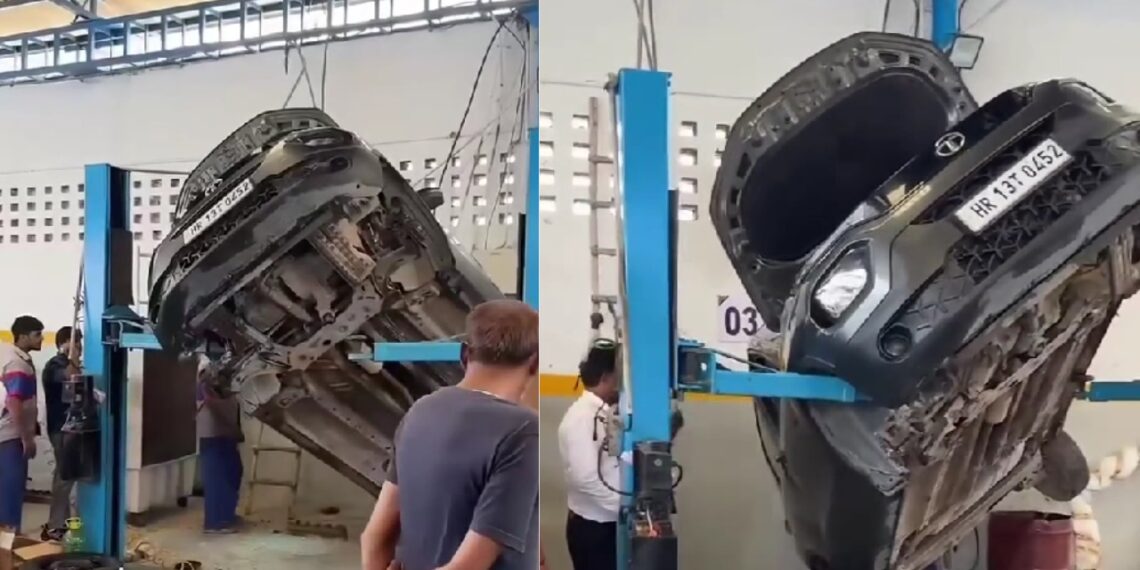 Tata Punch Hanging from Forklift at Workshop