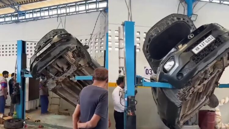 Tata Punch Hanging from Forklift at Workshop